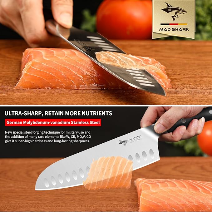 MAD SHARK 8" Santoku Kitchen Knife, Forged German High Carbon Steel Chef Knife, Full Tang Ergonomic Handle, Ultra Sharp for Chopping & Slicing,Birthday Christmas Gifts for Women Men,Gift Box