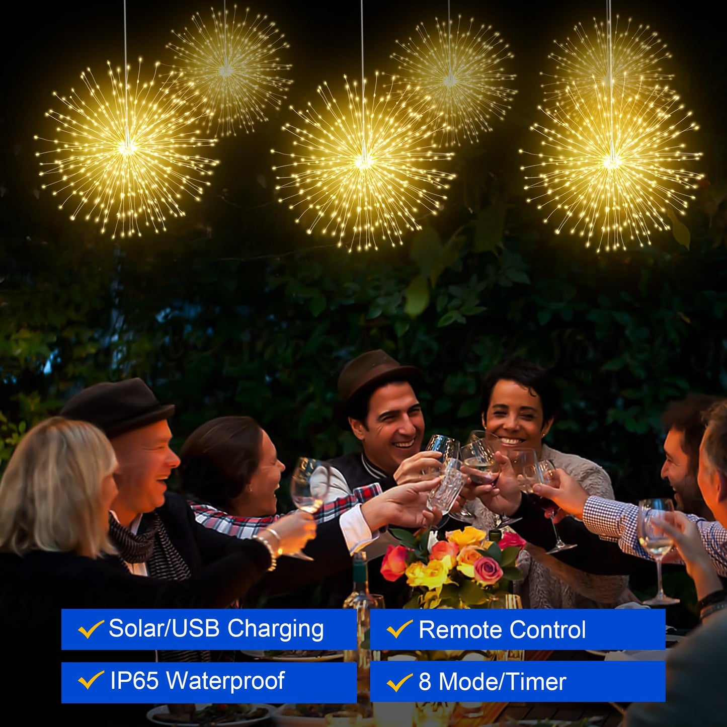 Solar Christmas Firework Lights Outdoor  5 Pack 1000Led Solar Starburst Lights With Remote  8 Modes Dimmable Waterproof Hanging Fairy Lights For Garden  Patio  Holiday Christmas Decor (Warm White)