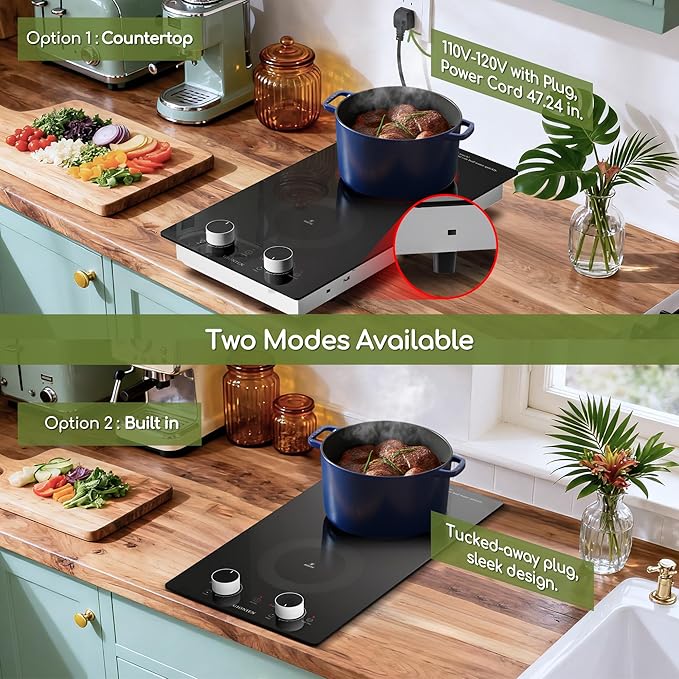 12 Inch Electric Cooktop with 2 Burner,110V-120V, 1800W,Plug in Electric Stove Top,Countertop & Built-in,Glass Radiant Cooktop with Knob & Touch Control,Auto Shutdown,Residual Heat Warning