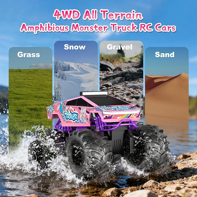 Remote Control Car for Girls,1:18 Pink Monster Truck Toys Amphibious RC Cars, 2.4 GHz Waterproof RC Trucks, 4WD All Terrain Off-Road Pickup, Girls Toys for 6-12 Year Old Kids Christmas Birthday Gifts