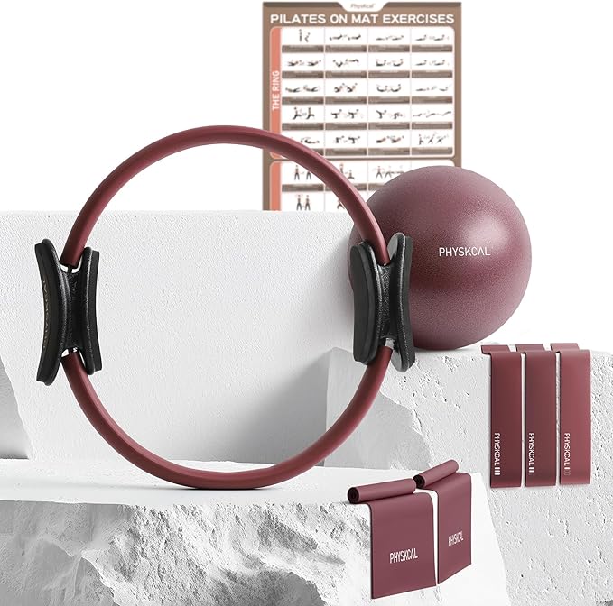 PhysKcal Pilates Kit, 15-Inch Pilates Ring with 1x Core Ball, 3X Resistant Loops and 2X Flex Bands, Home Pilates on Mat Es...