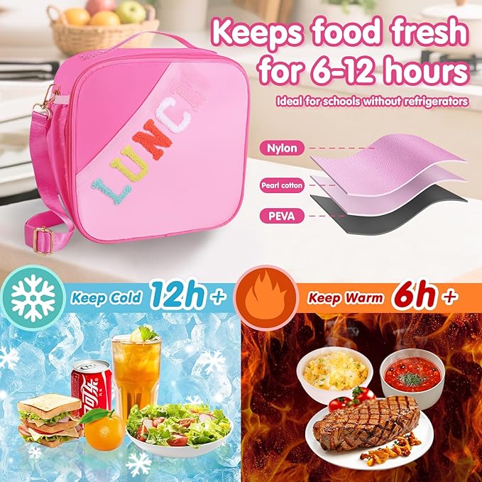 Lunch Bag Kids-Kids Insulated Lunch Bag with Adjustable Strap - Reusable Leakproof Lunch Box for Girls, Preppy School Lunch Tote for Travel, Picnic,School & Winter Camp