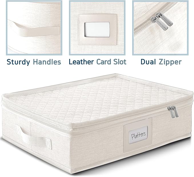 Platter Storage Case – Fine China Storage Containers Hard Shell, Quilted and Stackable 16”x 12.5”x 3.5” Platter Storage Container with Handles and Felt Dividers for Moving and Seasonal Storage, Cream
