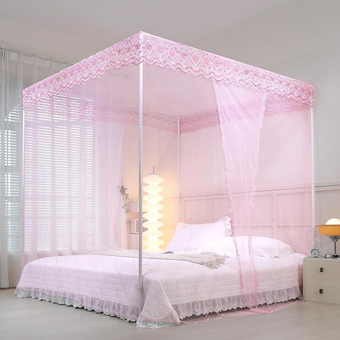 Bed Canopy, Princess Bed Curtain Net for Girls & Adults，Three-Doors Rectangle Lace Dome Netting (Baby Pink, Queen)