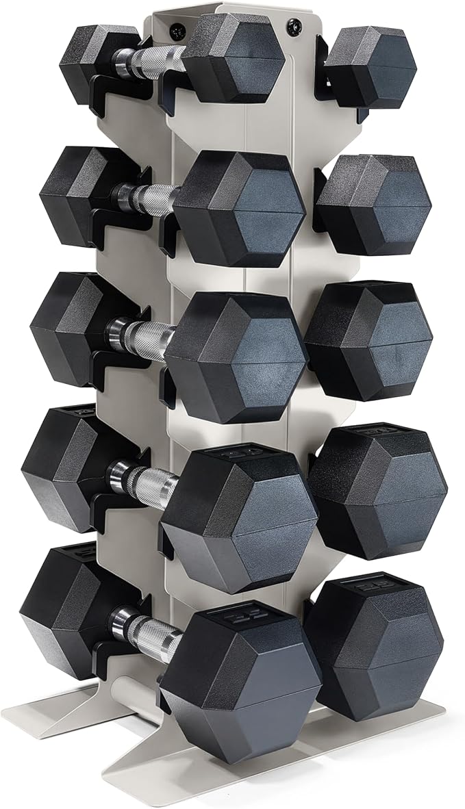 CAP Barbell Rubber Coated Hex Dumbbell Set with Vertical Rack | 100-300 lbs Free Weights Dumbbells Set for Home Gym | Mult...