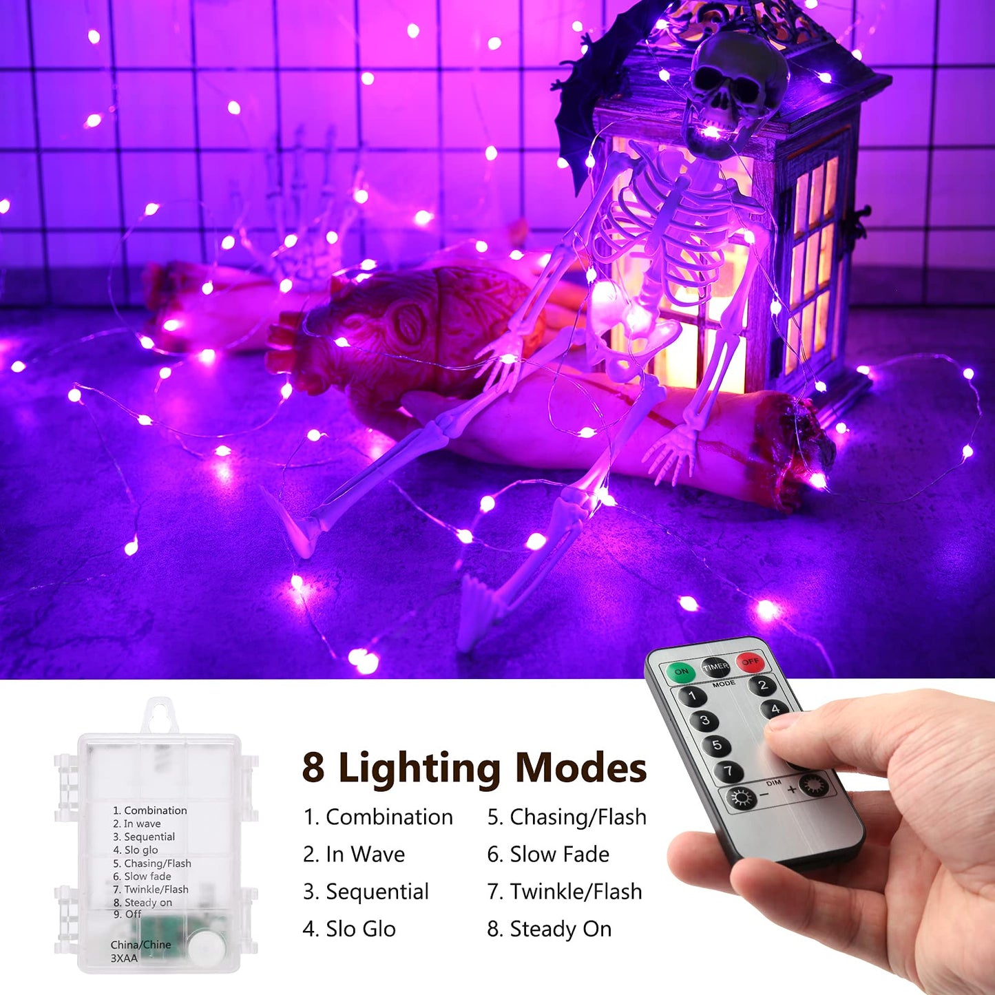 BrizLabs Purple Fairy Lights, 50 LED, 17.48ft, Remote Control, 8 Modes, Battery Operated, Indoor/Outdoor Decor, Model HU-XI-201