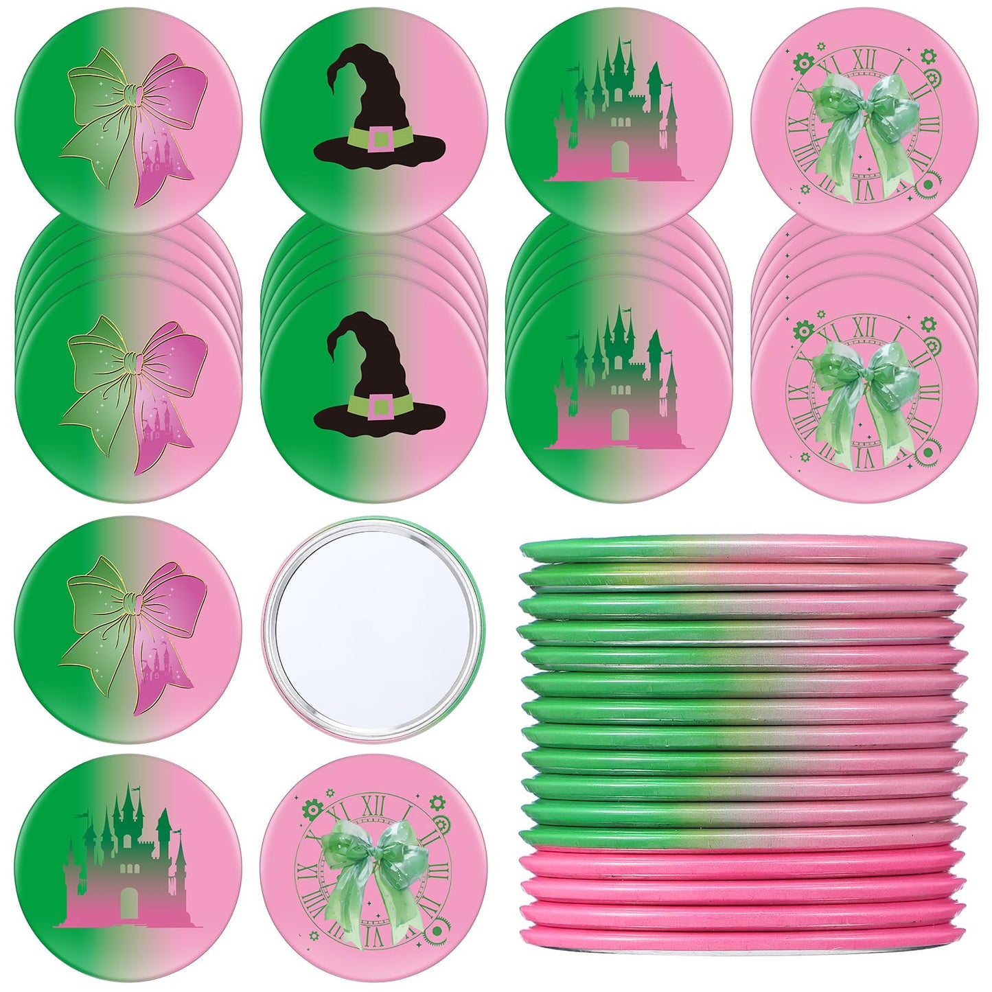 Marsui 24 Pcs Green and Pink Birthday Party Favors Witch Gifts for Girl Women Bulk Witch Mini Compact Mirror 2.76 Inch Portable