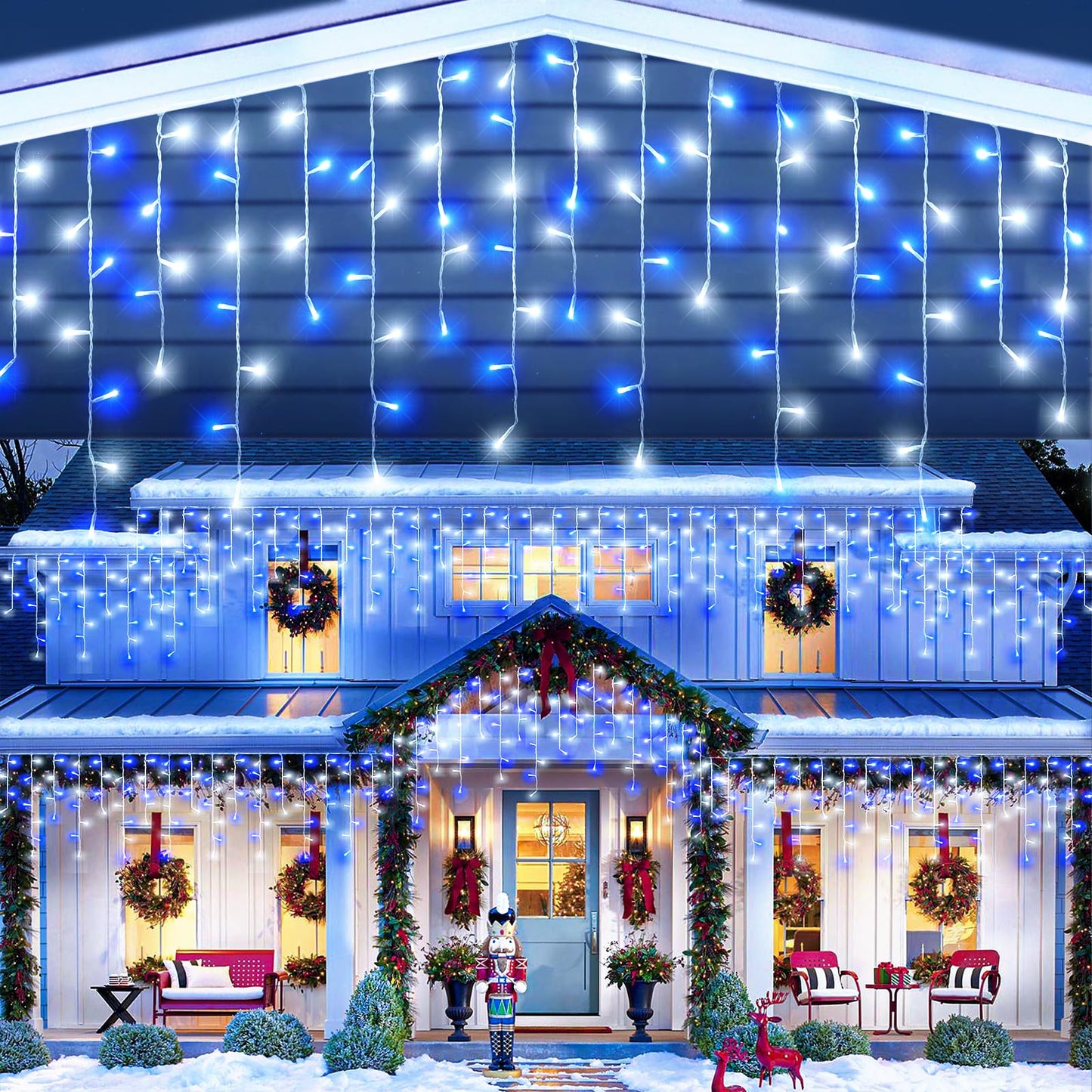 99Ft Blue And White Christmas Lights  1216 Led Icicle Lights For Outside House Clear Wire Twinkle Light With 8 Modes Timer Waterproof For Window Party Tree Holiday Patio Yard Home Decor