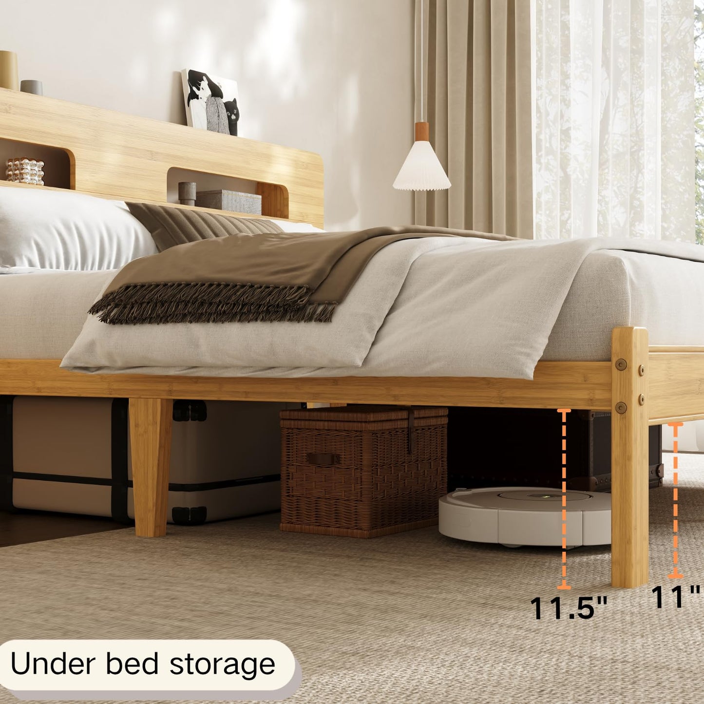 COMASACH Bamboo Wood Queen Bed Frame with Storage Headboard,14 Inch High Solid Queen Size Bed Frame, Metal Slats Support, Heavy Duty, No Box Spring Needed