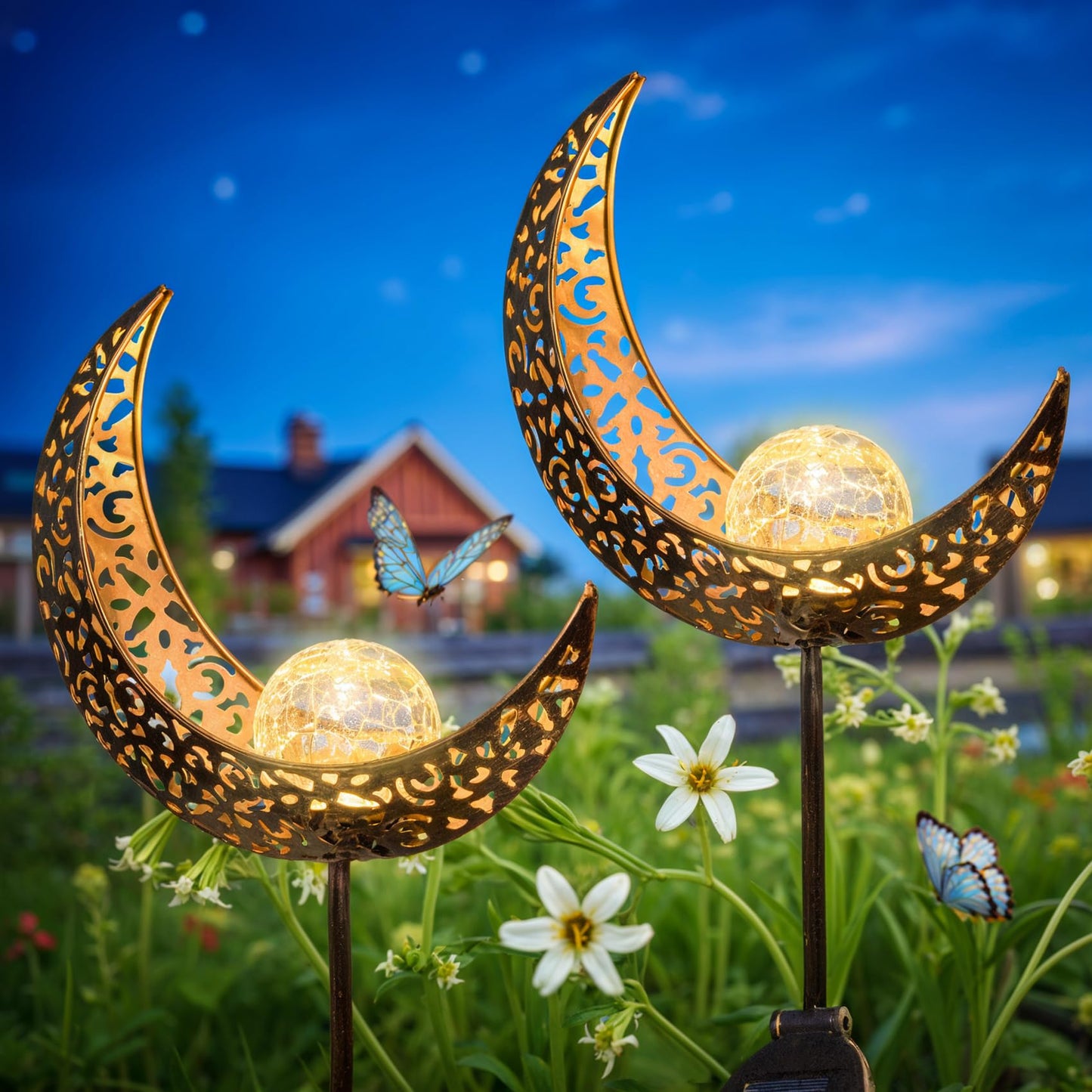 2Pack Moon Garden Solar Lights Outdoor Stakes Waterproof, Gifts for Mom, Crackle Glass Halloween Backyard Decor Balcony Lawn Ornaments, for Women Men Grandma (Bronze)