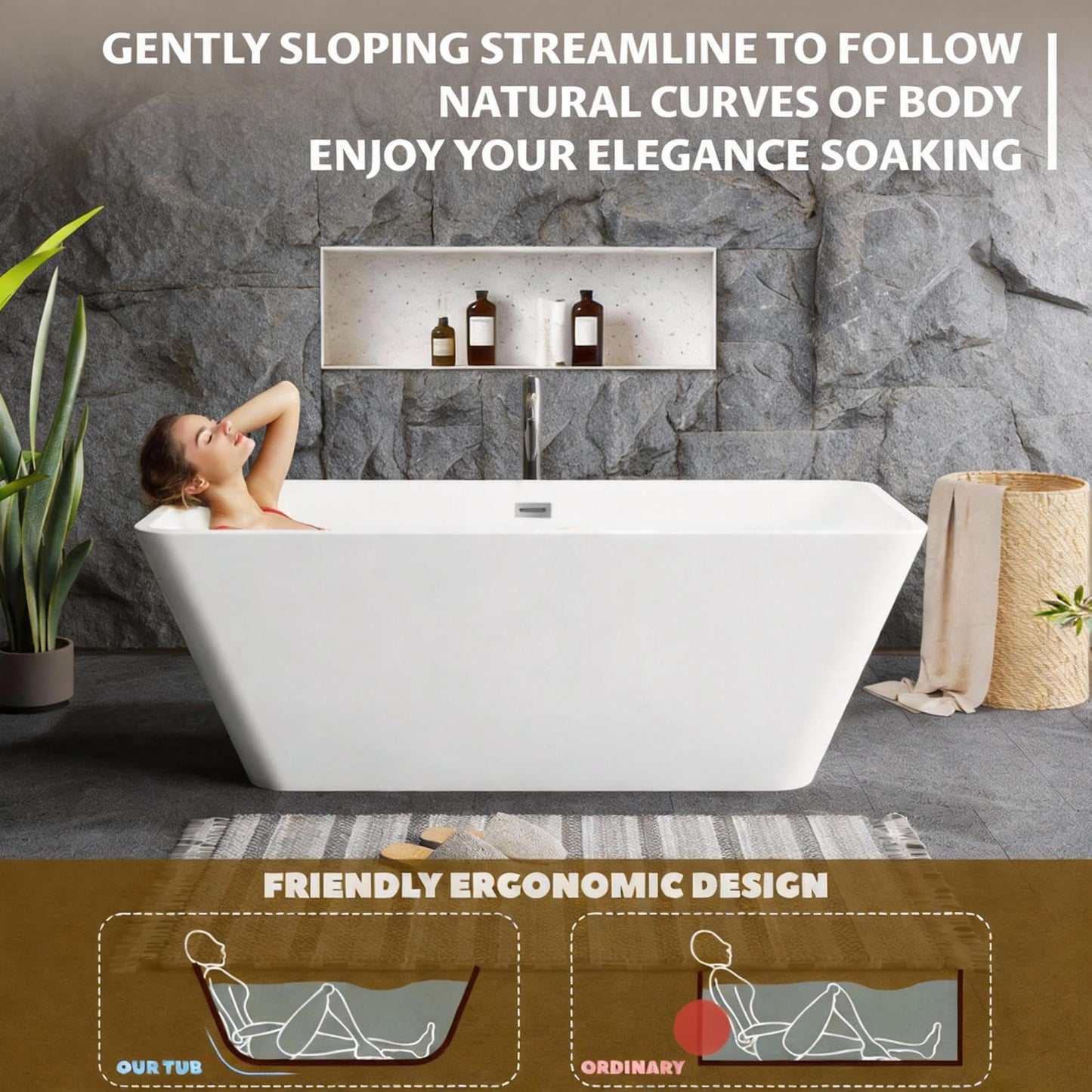 GarveeHome 66'' Acrylic Freestanding Bathtub, Deep Soaking Tub with Non-Slip Base, cUPC Certified Free Standing Tub, Chrome Drain Bath Tub, Modern Tub for Bathrooms, White
