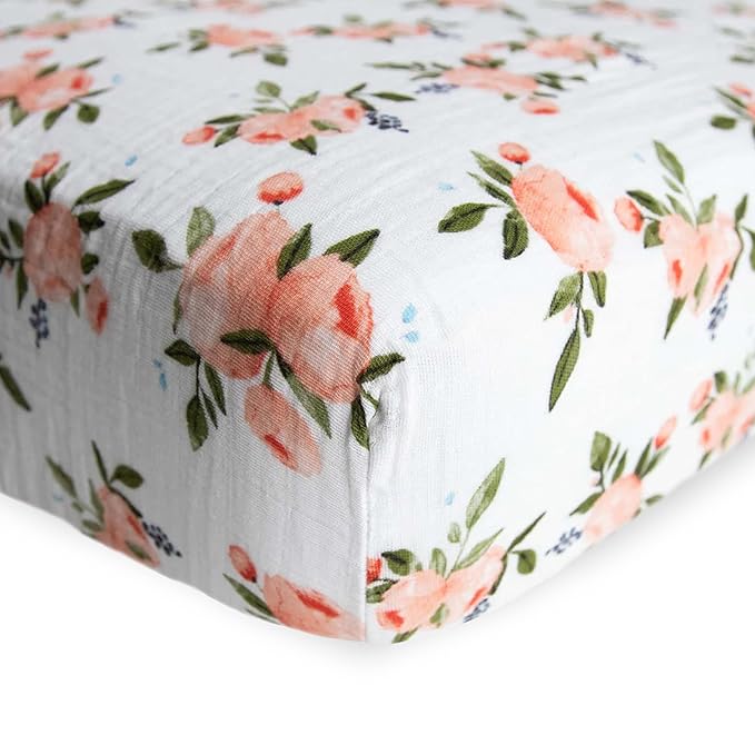 Little Unicorn Premium Crib Sheet | Breathable & Super-Soft Muslin Fabric (Watercolor Roses)