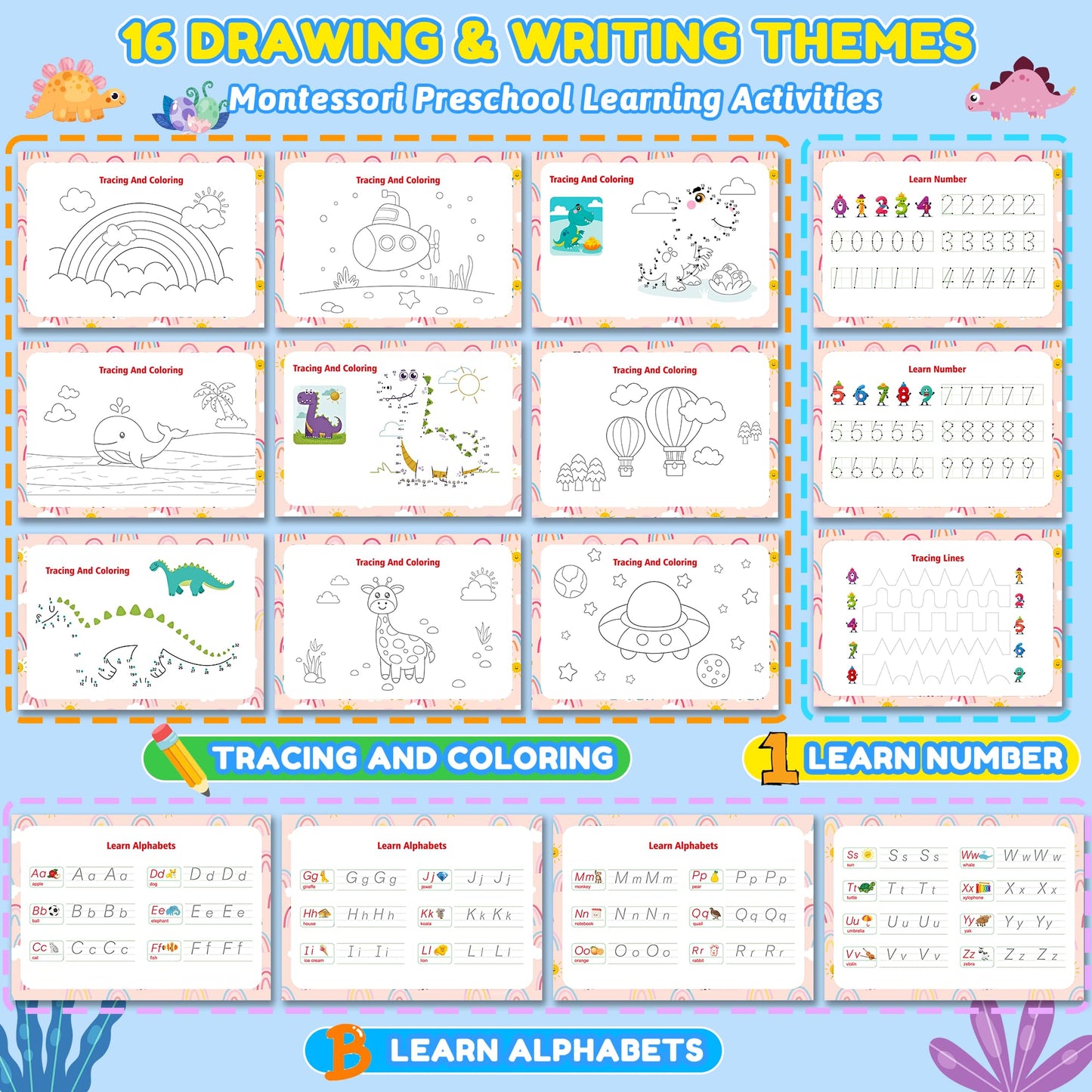 Montessori Busy Book for Toddlers 3-5, Dinosaur My Preschool Learning Activities, Education Kindergarten Sticker Workbook, Travel Toys for Kids, Birthdays Gifts for Boy and Girl Age 3 4 5 Year Old