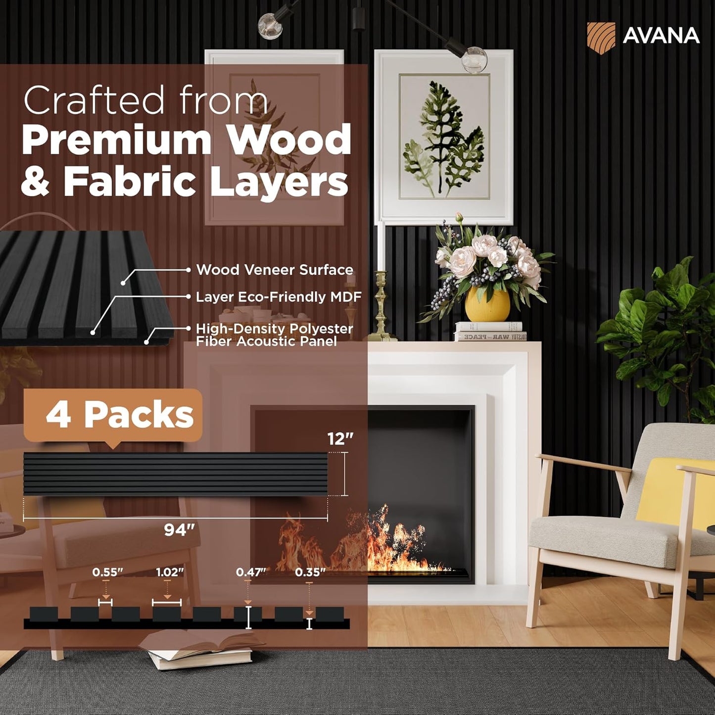 Avana Acoustic Wood Wall Panels – 94.4 x 12.6 Inch Black Oak Acoustic Panels 4 PCs – Wall Panels For Interior Wall Decor For Homes, Offices, Studios – Pleasing Decorative Wood Panels For Wall