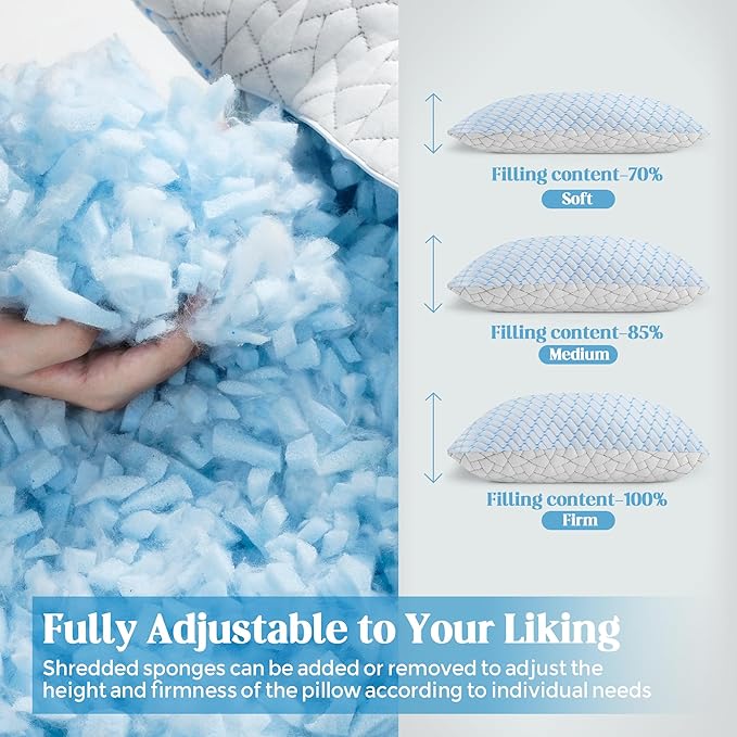 Bafode Memory Foam Pillows Queen Size Set of 2 Bamboo Cooling Bed Pillow 2 Pack Shredded Memory Foam Pillow for Sleeping 20x30