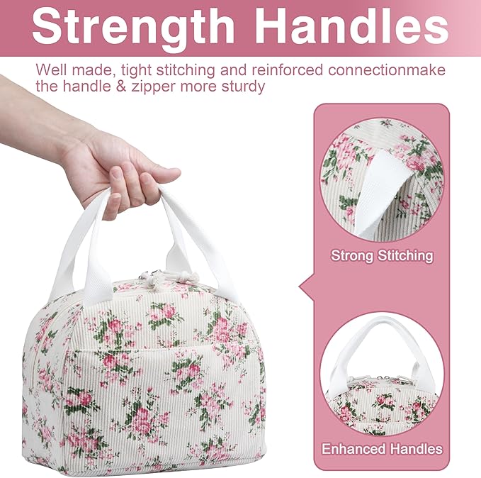 Lunch Bag - Insulated Lunch Box for Women, Reusable Large Capacity Cooler Bag for Adult, Small Leakproof Cute Corduroy Lunch Tote for Work Office Travel Picnic (Pink Flower)