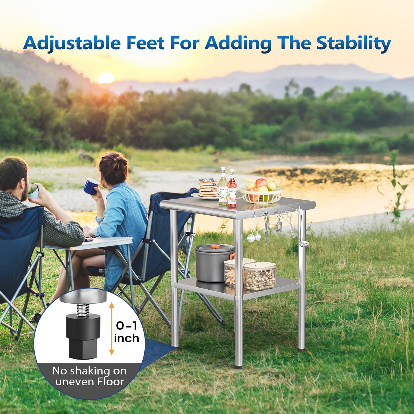 ROVSUN 24'' x 24'' Stainless Steel Table for Prep & Work,Commercial Worktables & Workstations, NSF Heavy Duty Metal Table with Adjustable UnderShelf for Kitchen Restaurant, Home, Hotel, Outdoor