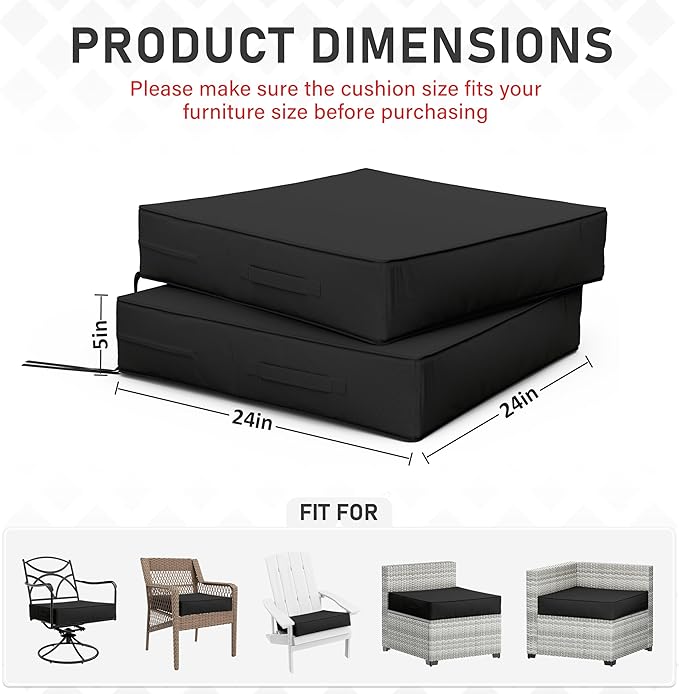 Patio Chair Cushions 24 X 24 X 5 Inch Waterproof Outdoor Seat Cushions for Patio Furniture, Outdoor Sofa Couch Pads with Ties & Handle, Set of 2, Black
