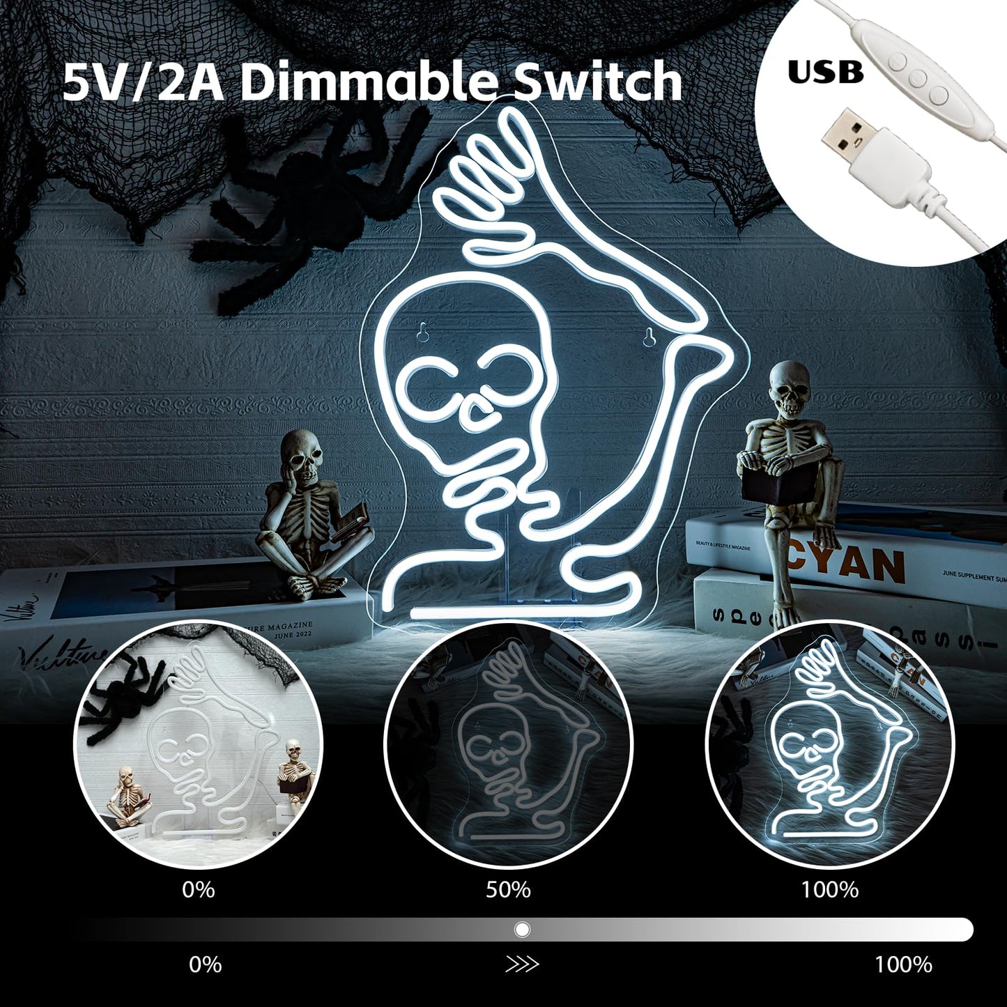 Looklight Skeleton Skull Neon Sign Halloween Decor Neon Signs For Wall Skeleton Halloween Led Lights For Bedroom Front Door Man Cave Bar Game Room Party Decoration Gifts Usb Powered Led Light 11.4X15.9In