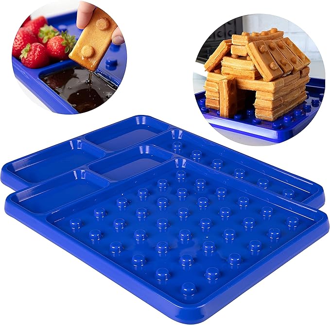 Building Brick Electric Waffle Maker w 2 Construction Eating Plates- Cook Buildable House or Car Waffles, Pancakes in Minutes- Fun Breakfast for Kids Adults- Stack & Build on Serving Dish, Unique Gift