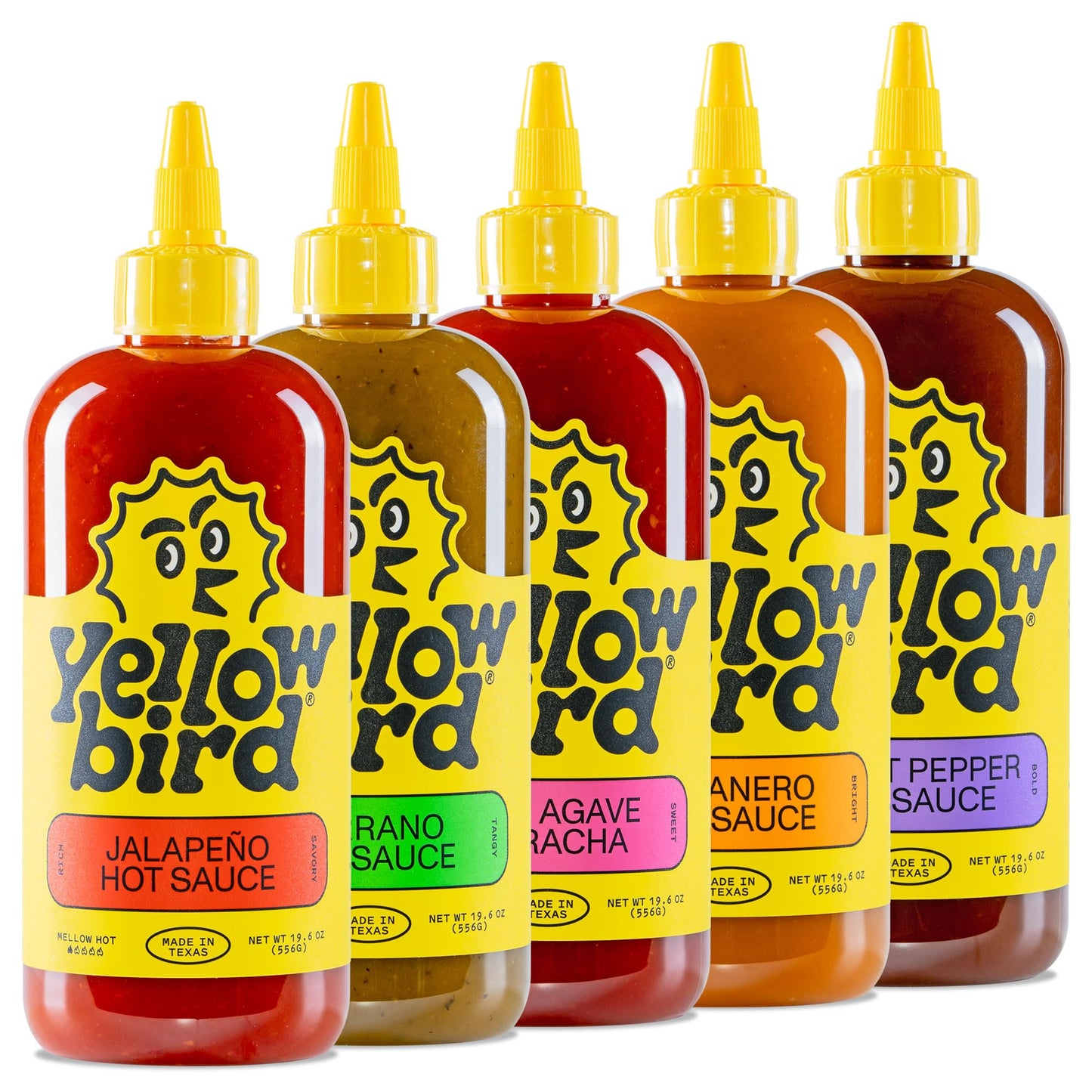 Yellowbird® Classic Hot Sauce Variety Set - 5 Flavors, 19.6 oz, Tabletop Size, Made in Texas