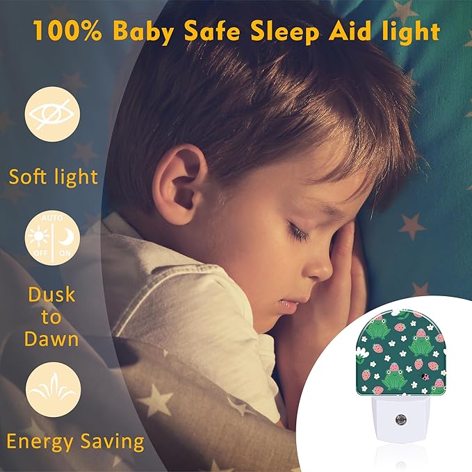 Strawberry Frogs with Daisies Flowers Night Light Plug into Wall,Cute Childish Frog Dusk to Dawn Night Light Plug in,0.5w Energy Saving NightLight for Kids Boys Girls Home Decor