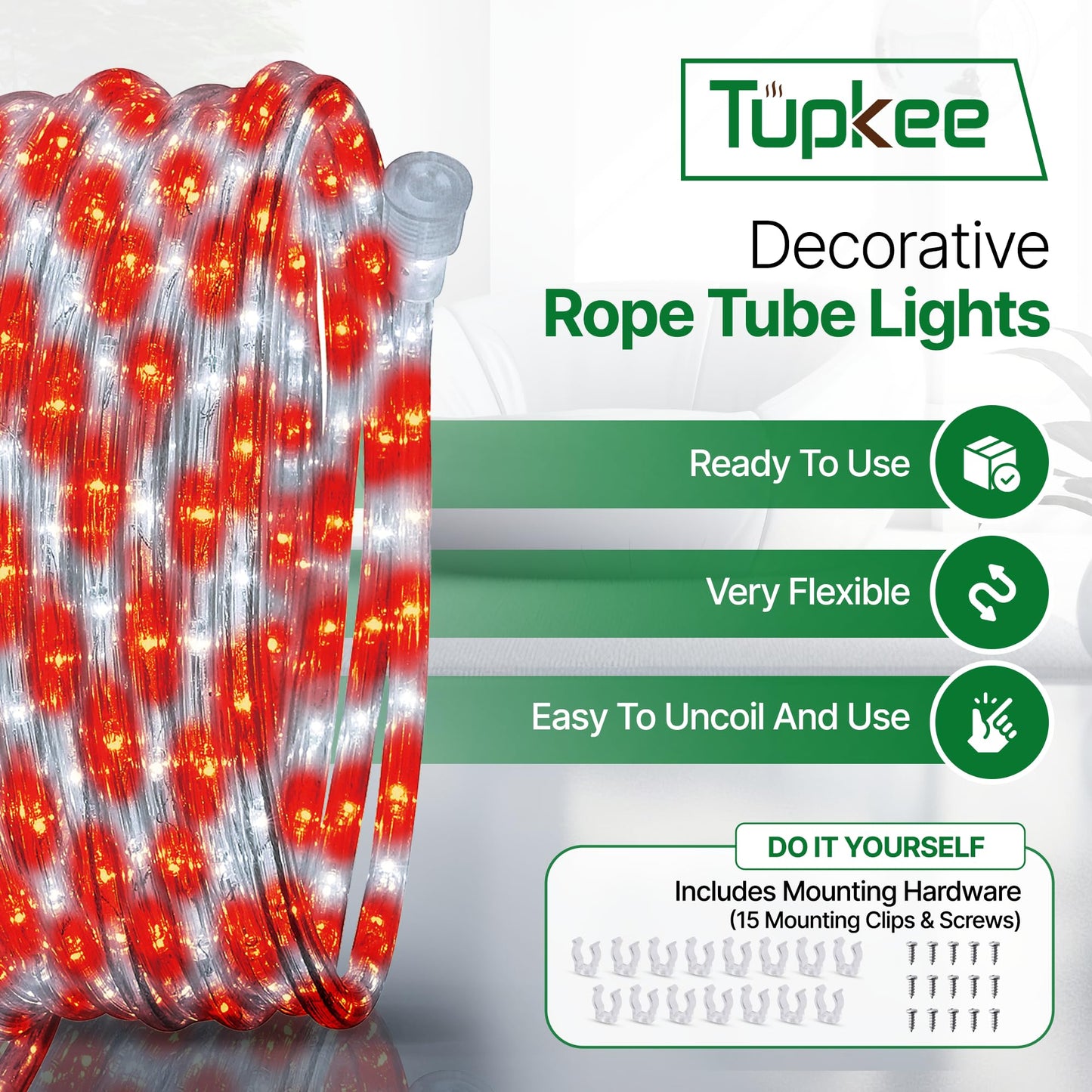 Tupkee LED Rope Light - Red & Cool White - 24 Feet (7.3 m) - 144 Long Life Bulbs - PVC Tube and Copper Wire