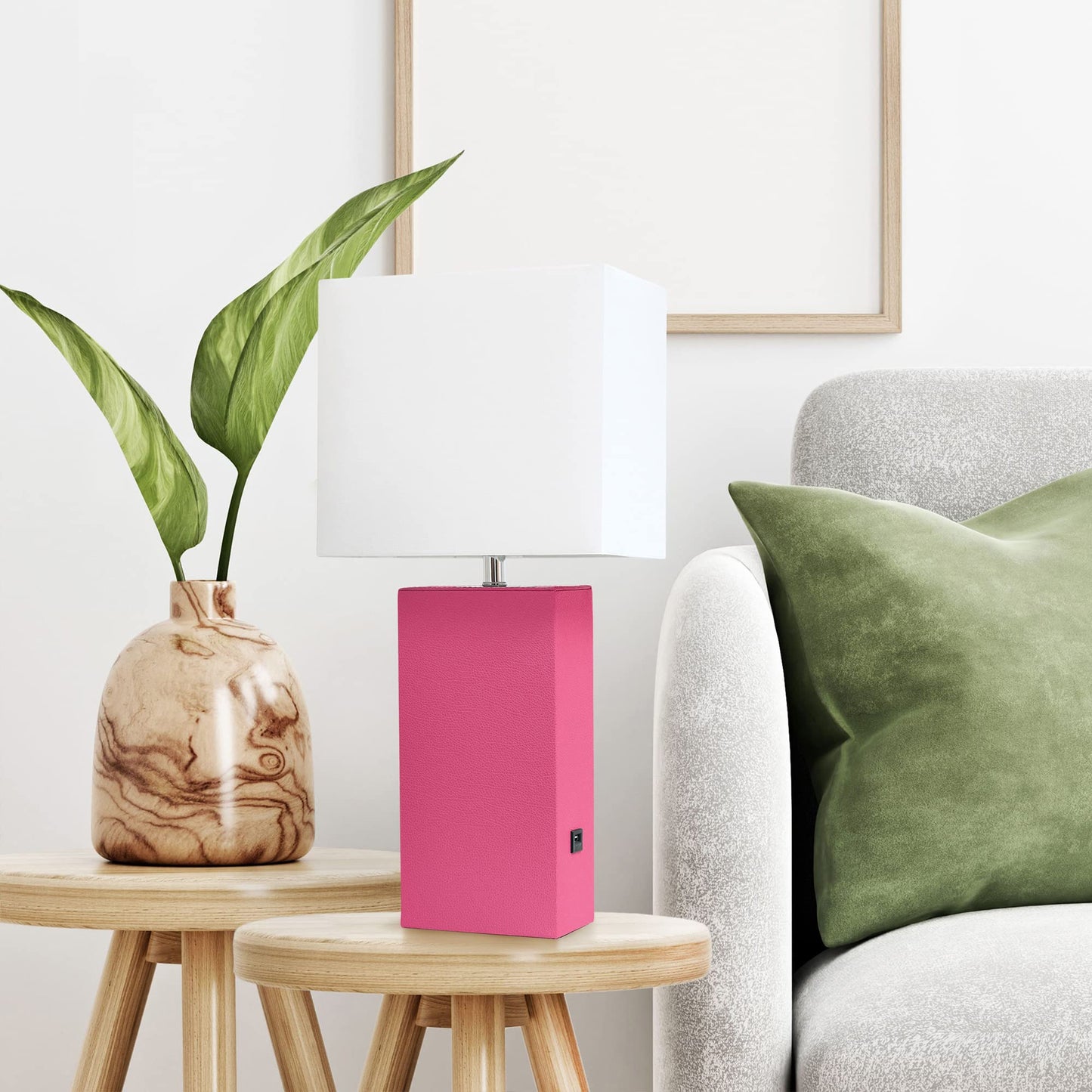 LALIA HOME Bedside Table Lamp with USB Charging Port, 21in, Hot Pink, MDF/Leather, Model LHT-3012