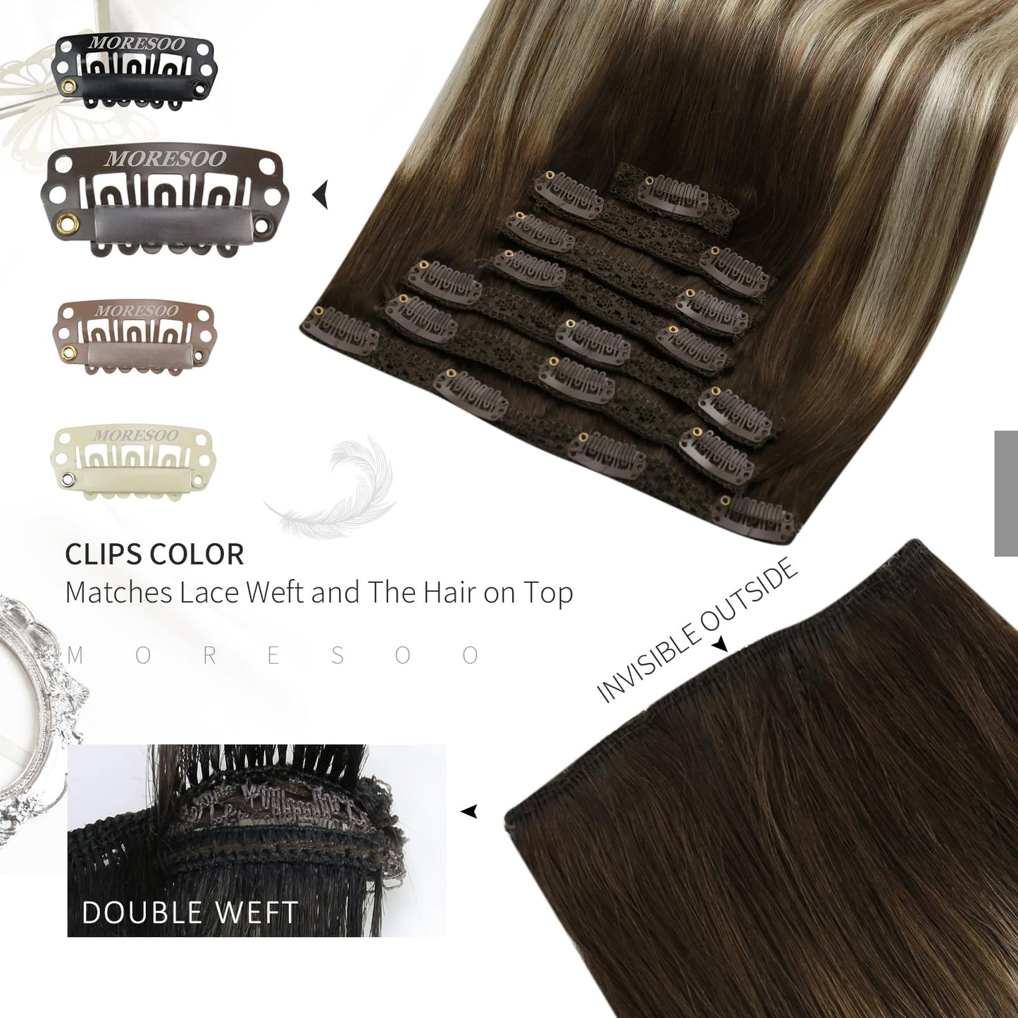 Moresoo Clip in Hair Extensions Balayage Remy Straight Human Hair Extensions Clip in Ombre Dark Brown Mixed Medium Brown with Bl