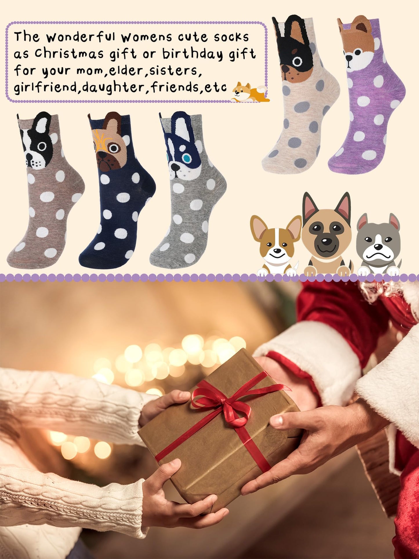 Fourluoo 5 Pairs Women Cat Socks Cute Cozy Funny Animal Patterned Fun Ankle Sock Novelty Dog Socks for Women Gift(Muted Tones,Spot Dog)