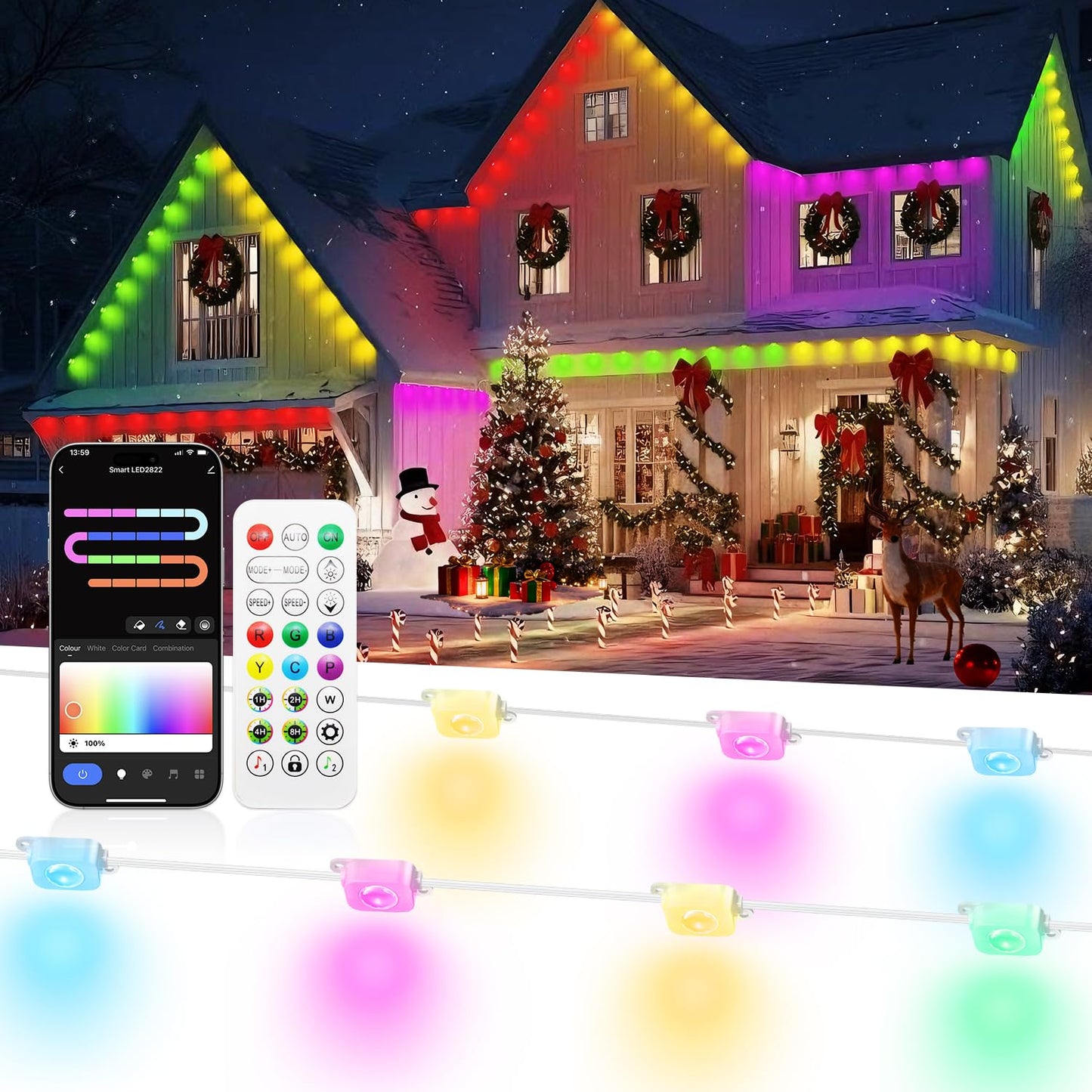 Lemonlovely 200Ft Permanent Outdoor Lights For House -Eaves Lights With 100 Ic+Rgbcw Led Ip67 Waterproof  Smart Outside Led Christmas Light With App/Remote  Eternity Lighting For Holiday/Daily