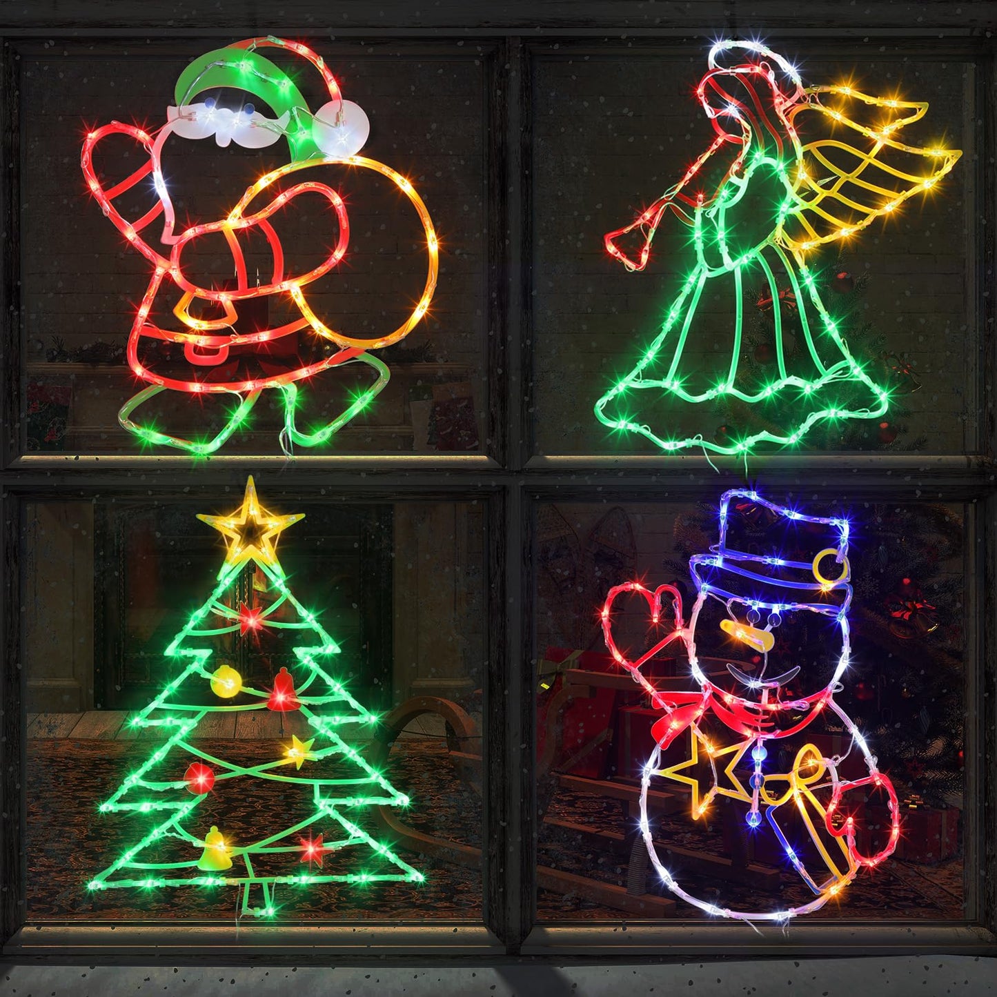 Trwymz Christmas Decorations - 16 Christmas Window Silhouette Lights - 4 Pack Colour Lighted Santa & Angel & Snowman & Christmas Tree For Holiday Indoor And Outdoor Wall Door Window Decorate