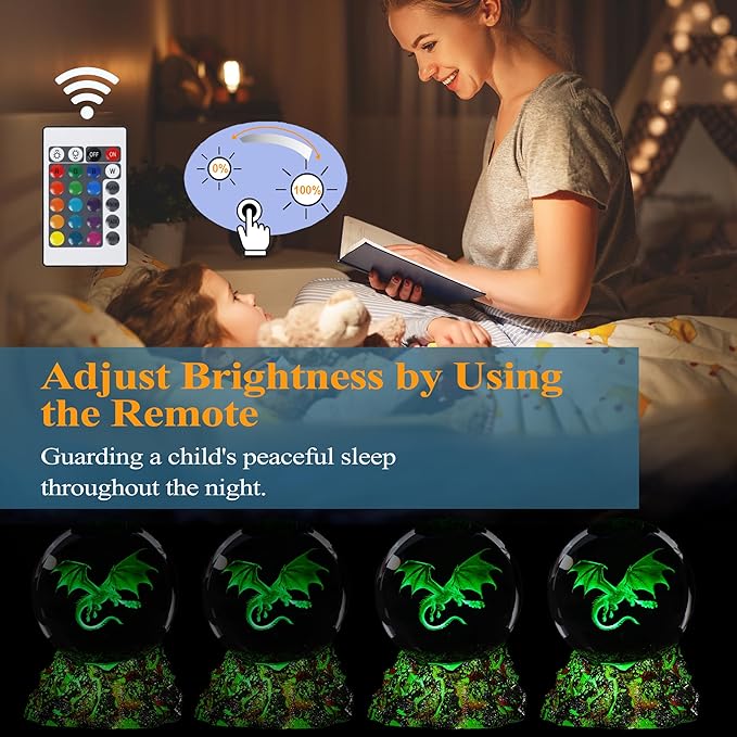 Dragon Night Light, 3.15 Inch (80mm) K9 Crystal Upgraded Volcanic Lava Base 3D Lamp with Remote 16 Color for Birthday Xmas Cool Figurines Dragon Gifts for Room Decor Boys Girls
