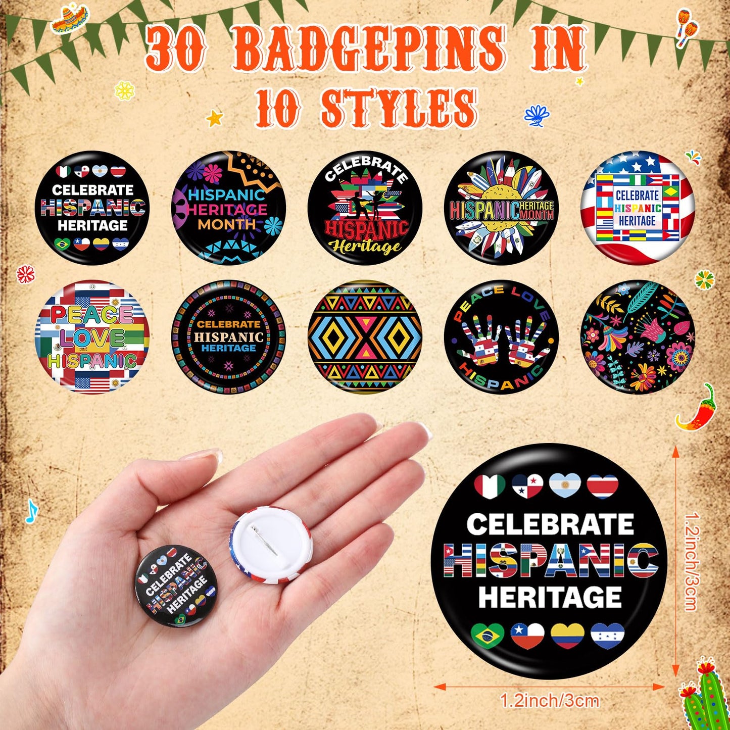 Frienda 60 Pcs Hispanic Heritage Month Party Favors Spanish Latin American Slap Bracelets and Badge Pins for National Hispanic H