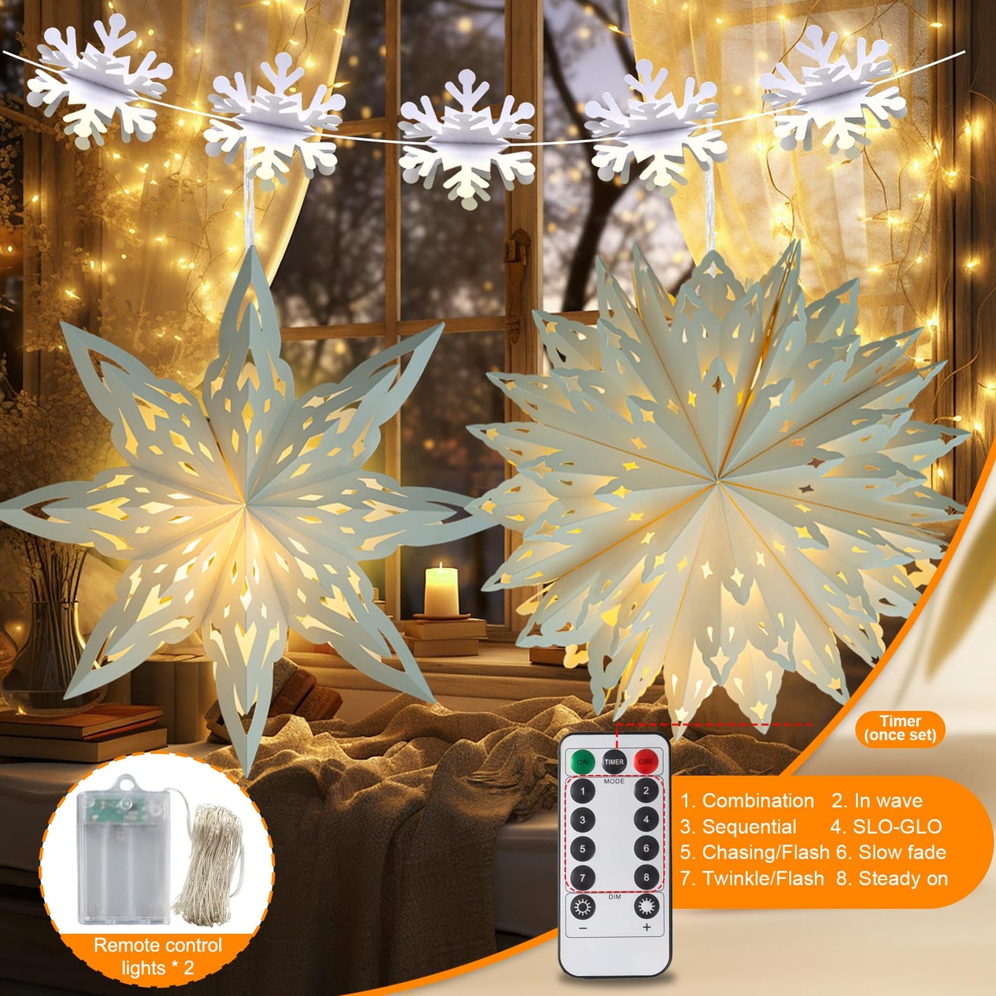 Christmas Snowflake Paper Lanterns  2 Pcs Christmas Paper Star Lanterns With Led Lights Large White Hanging Decorations For Xmas Tree New Year Winter Frozen Weddings Birthday Holiday Party Decor