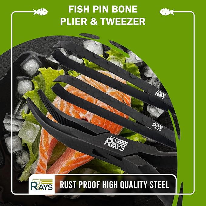 Fish Bone Pliers/Tweezers – Serrated Jaw Plier + Flat & Slant Tweezers | Stainless Steel Pin Bone Remover & Deboning Tools for Salmon, Trout & All Seafood