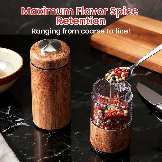 Electric Salt and Pepper Grinder Set, Automatic Salt and Pepper Grinder Set with Wood Base, Adjustable Coarseness, LED Light, One Handed Operation Electric Salt and Pepper Shakers(Wood Grain)