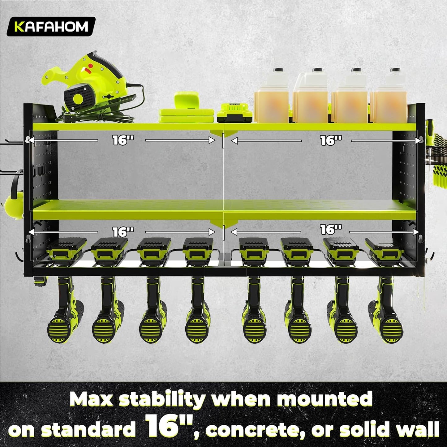 KAFAHOM Power Tool Organizer, Large 8 Drill Holder Wall Mount with 2 Side Pegboards, Heavy Duty Metal Tool Shelf with 12 Hooks, Storage Rack for Garage Organization, Battery Shelves - Green