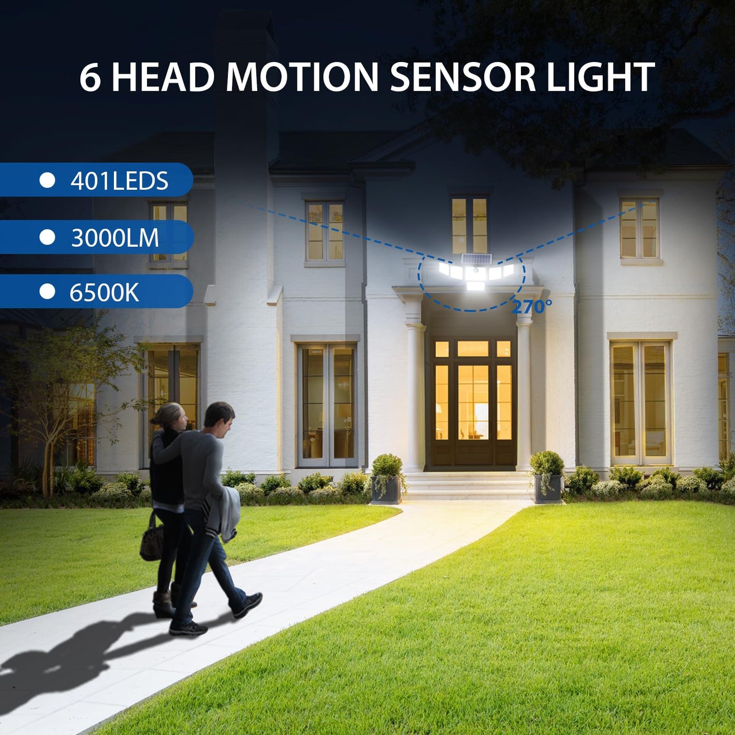 SZPOWER Solar Flood Lights, 3000LM, 6 Heads, Motion Sensor, IP65 Waterproof, 3 Adjustable Brightness, 3 Pack, Black, SZA106-TY