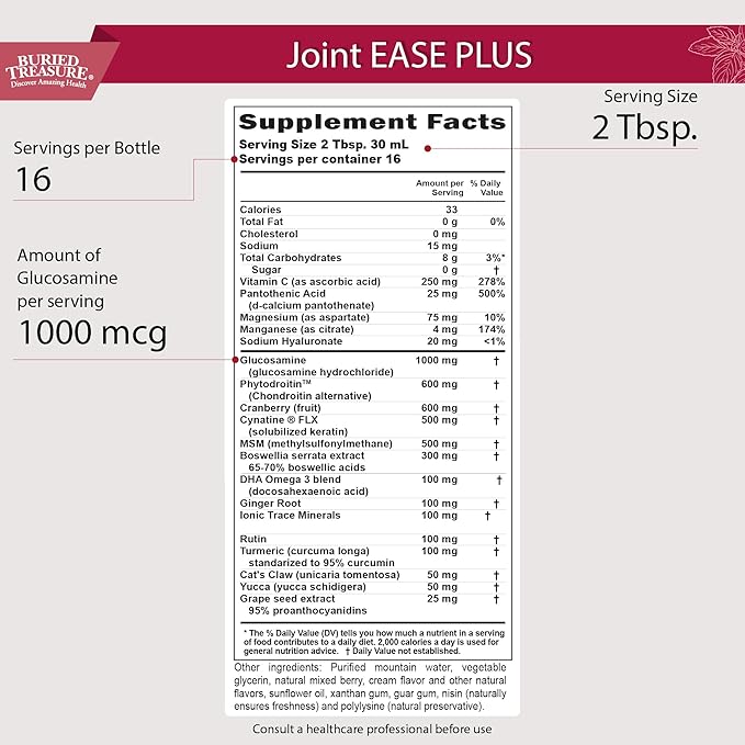 Buried Treasure Joint Ease Plus - 16 fl oz, Glucosamine Chondroitin with MSM and Turmeric, Joint Support Supplement