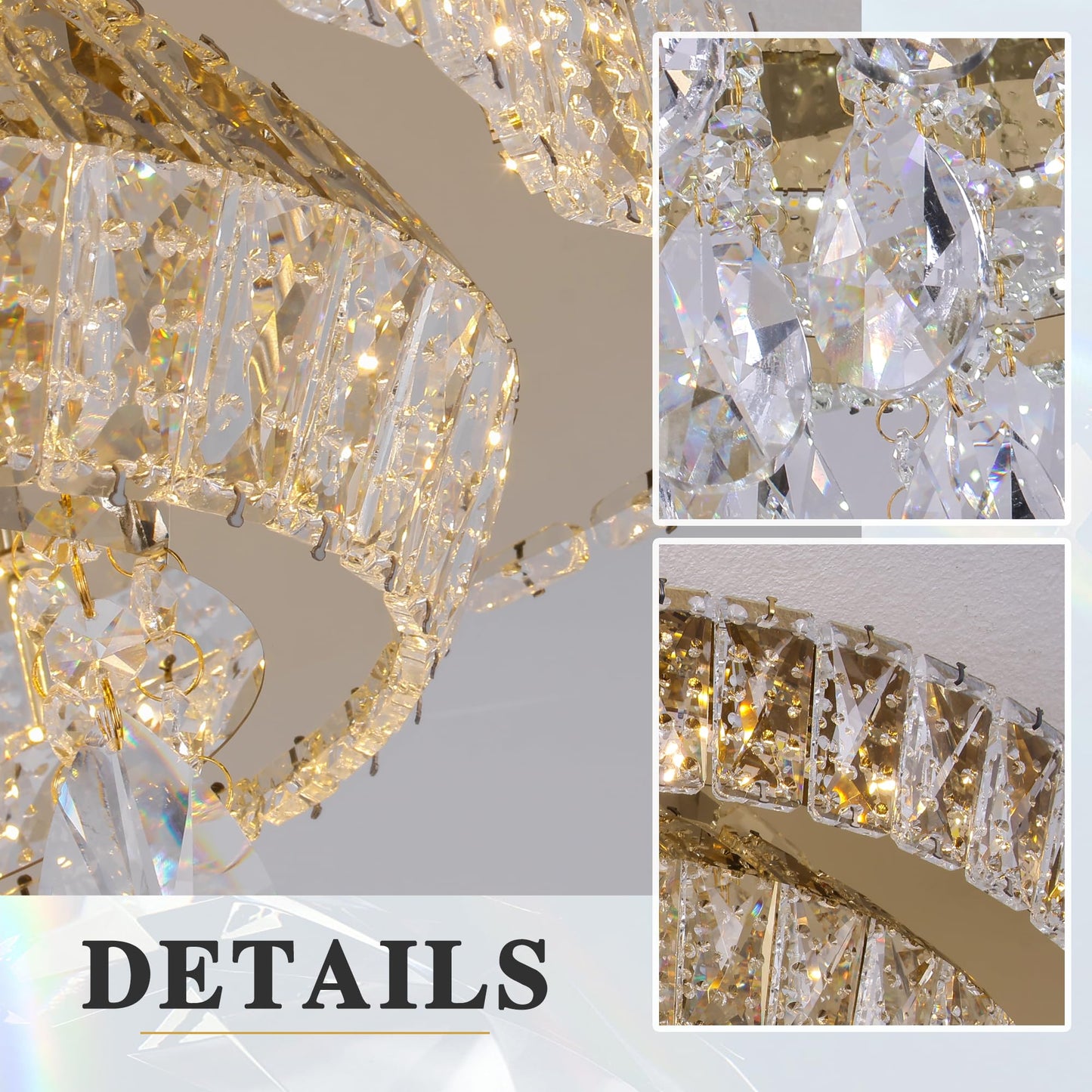 OSGNER 24in Gold Crystal LED Flush Mount Chandelier with Remote Control, 3-Color Dimmable, Modern Flower Design, Model X505-24-GD