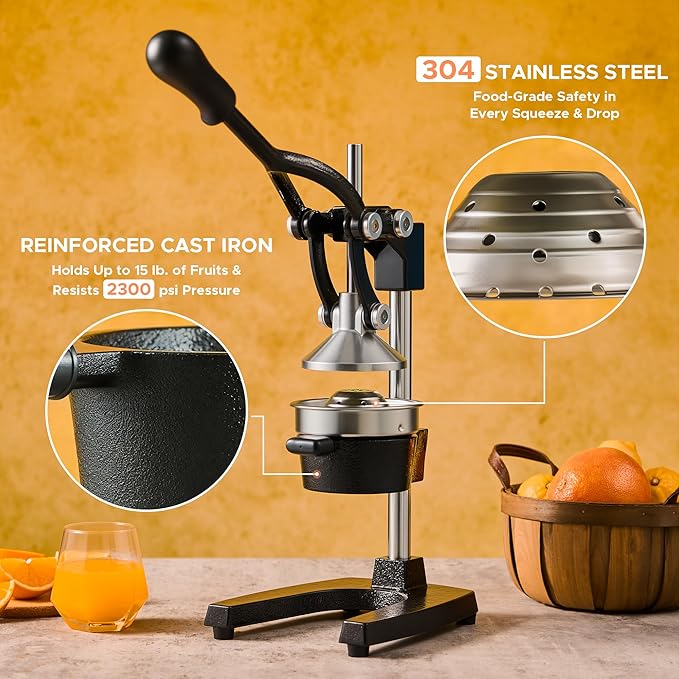 CO-Z Manual Citrus Juicer, Commercial Grade Cast Iron Orange Juicer, Professional Heavy Duty Juice Press with Removable Strainer, Manual Juice Extractor for Orange Lemon Pomegranate Citrus, Black