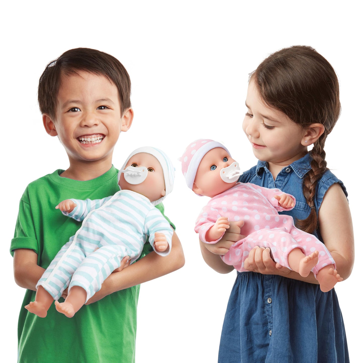 Melissa & Doug Mine to Love Twins Luke & Lucy 15” Light Skin-Tone Boy and Girl Baby Dolls with Rompers, Caps, Pacifiers - Twin Baby Dolls, First Baby Dolls for Toddlers 18 Months and Up