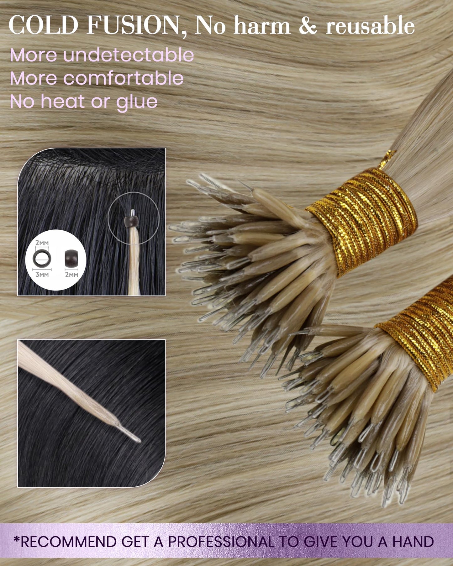 LaaVoo Nano Hair Extensions Human Hair Highlight Ash Blondeto Light Blonde Nano Beads Hair Extensions Human Hair Blonde Nano Rin