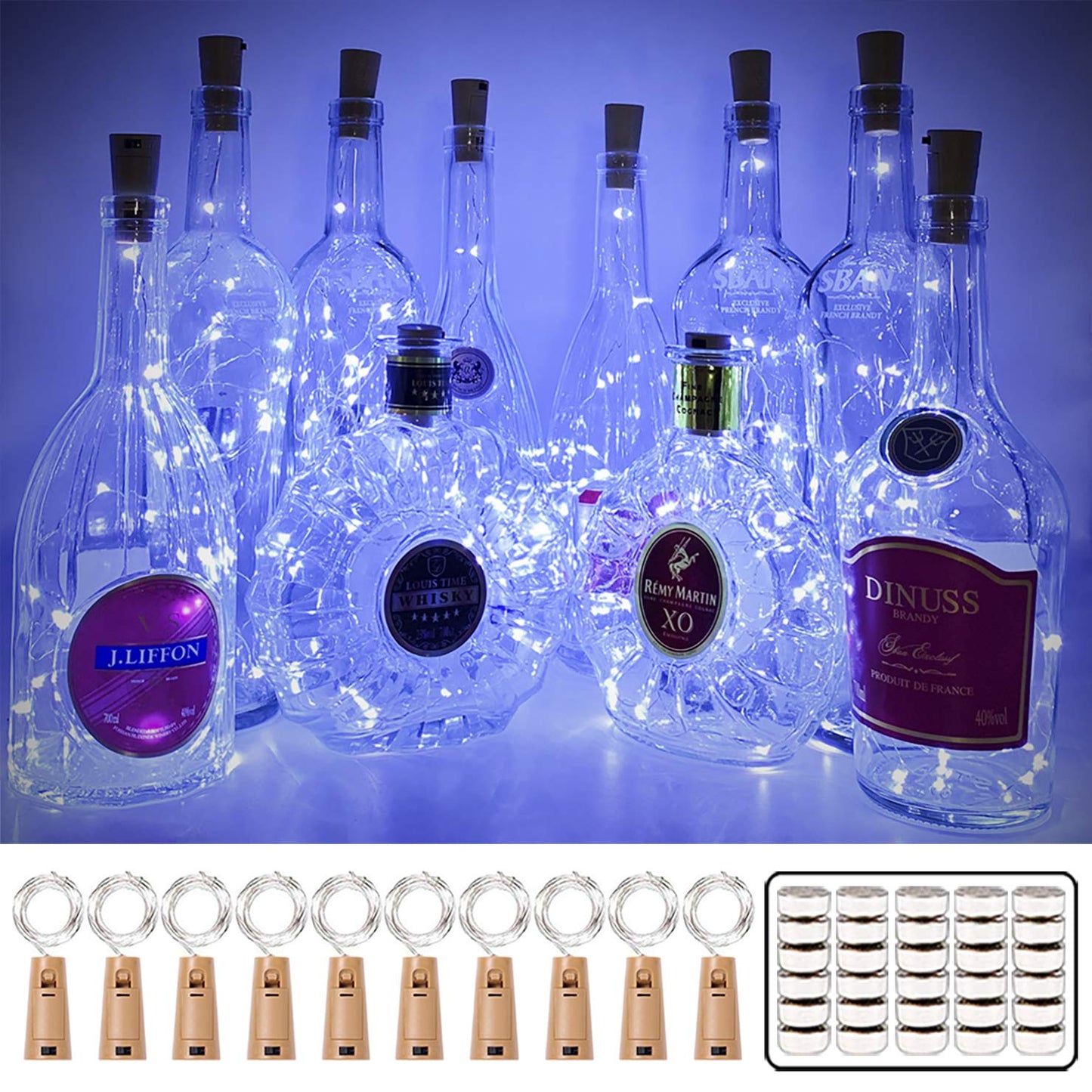 MUMUXI Wine Bottle Lights, 10 Pack, 3.3ft, 20 LED, Cool White, Copper Cork Switch, Universal Size for Indoor/Outdoor Use