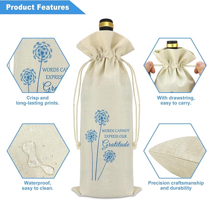 Thank You Gift for Her Him Thank You Themed Wine Bag for Women Men Drawstrings Wine Bottle Bag Thanksgiving Christmas Birthdays Boss Day Gift for Teacher Boss Leader Coach Employee Appreciation Gift
