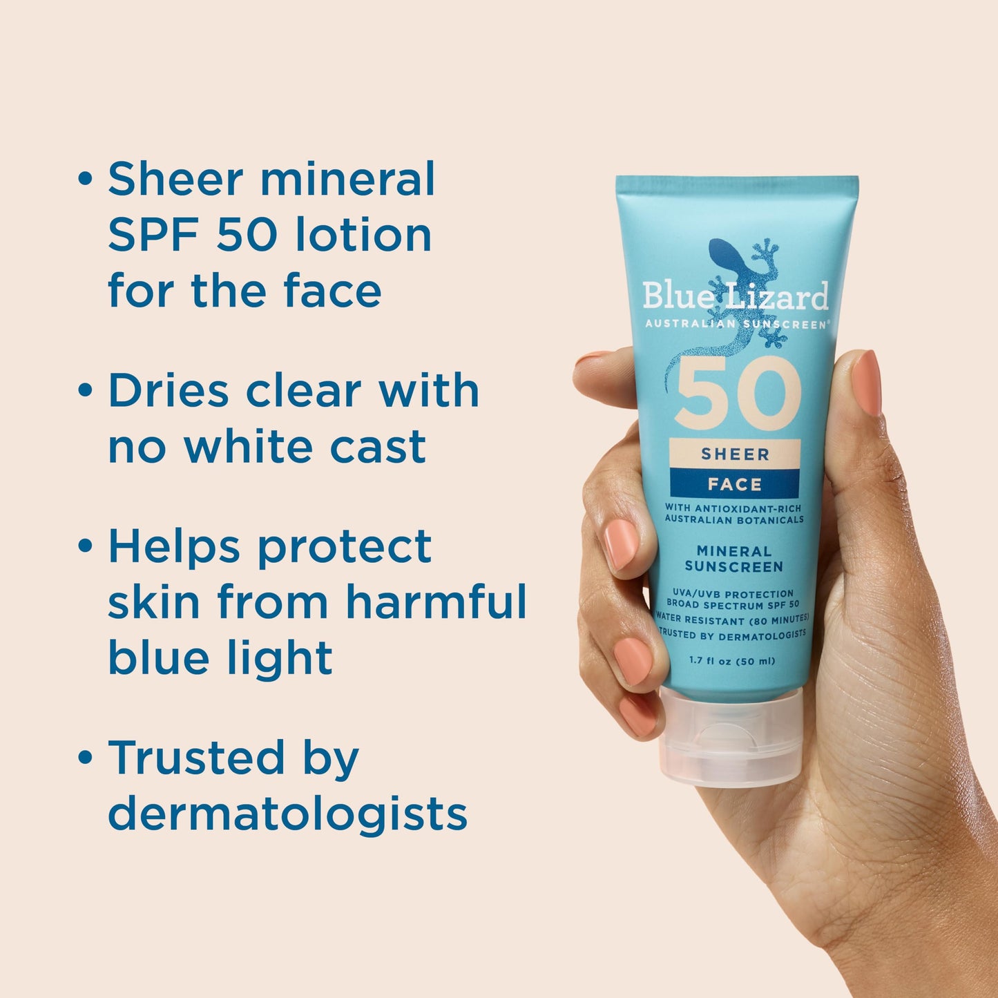BLUE LIZARD Sheer Face Lotion SPF 50+ - 1.7 Fl Oz, Lightweight & Protective, Ideal for Sensitive Skin