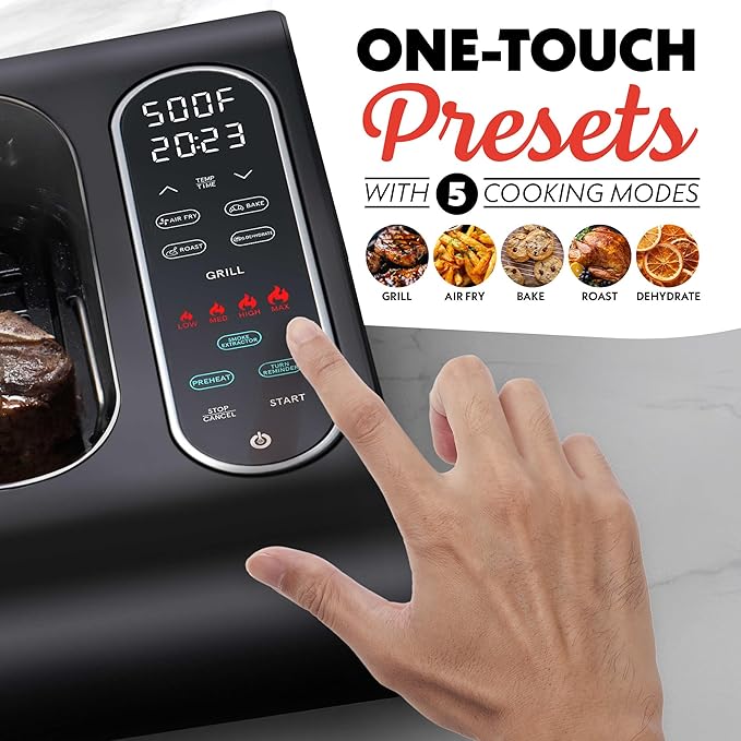 Gourmia Smokeless Indoor Grill & Air Fryer with Recipe Book – Electric Grill for Indoor Use, 5‑in‑1 Countertop Cooker, Cast-Iron Grate, 1650W, Glass Lid, Dishwasher-Safe Plates