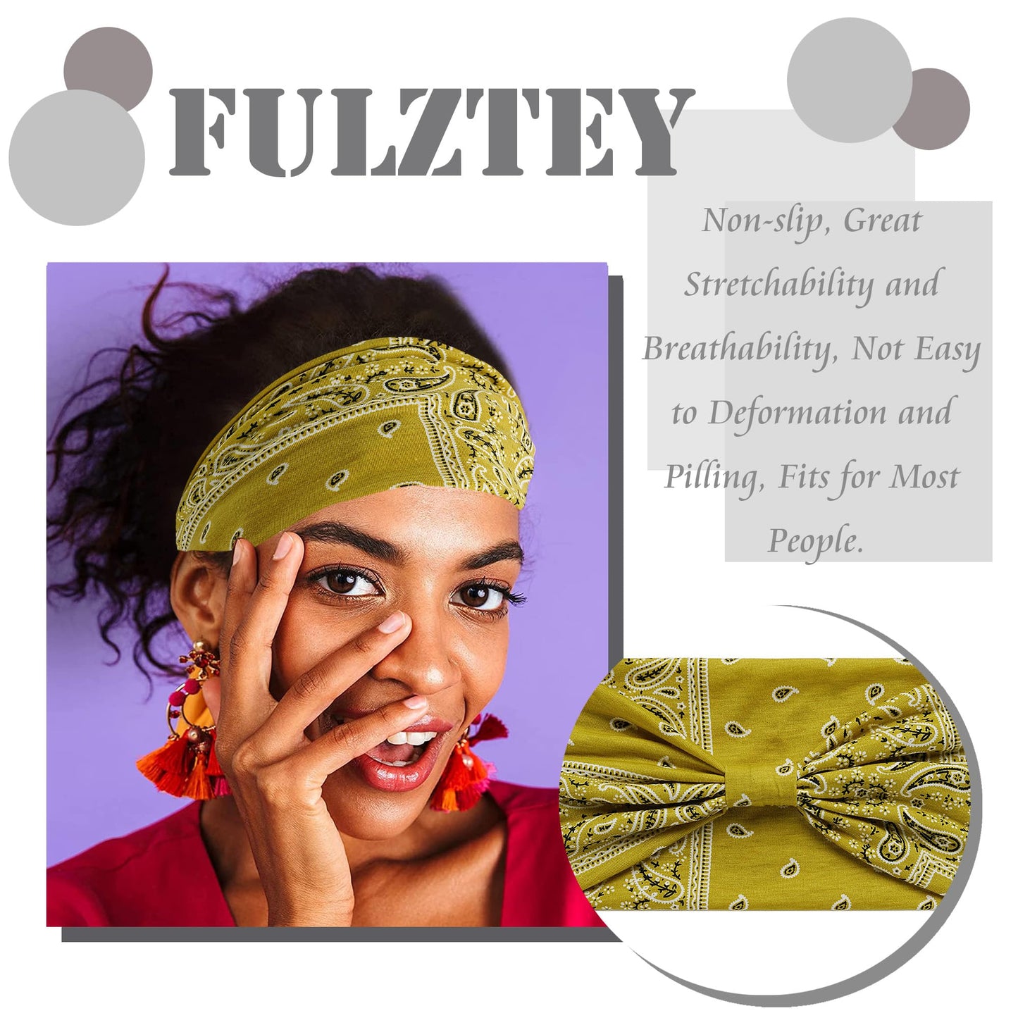 FULZTEY Boho Headbands for Women Fashion Cashew Head Bands Knot Wide Headwrap African Bandanas Turban Stretch Fabric Cotton Yoga