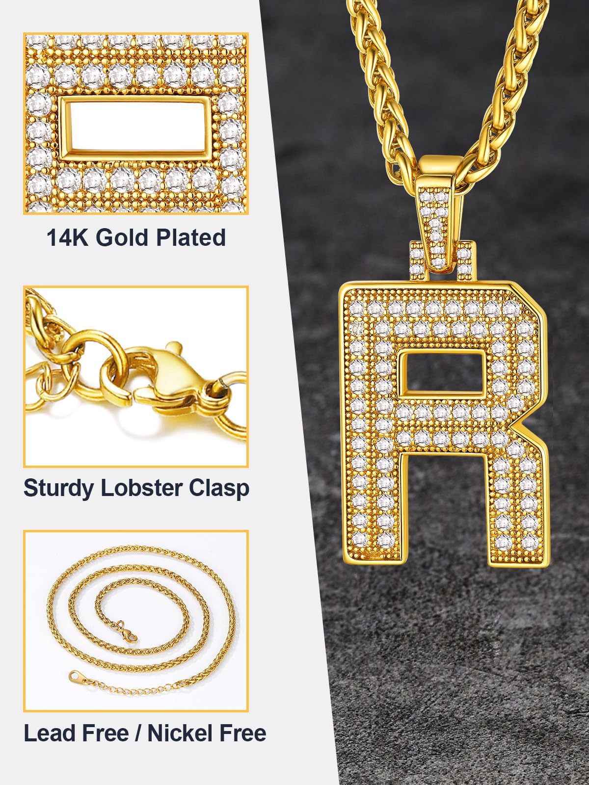 U7 Gold R Necklace Men 18K Gold Plated Chain Bling Hip Hop Costume Jewelry Full CZ Iced Letter Pendant Initial Necklace